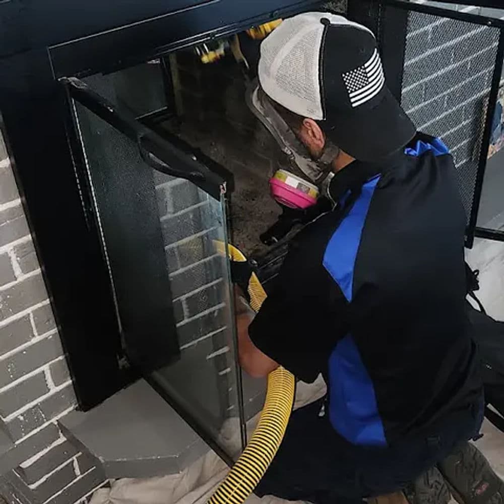 Technician performing fireplace cleaning with a vacuum and safety gear.