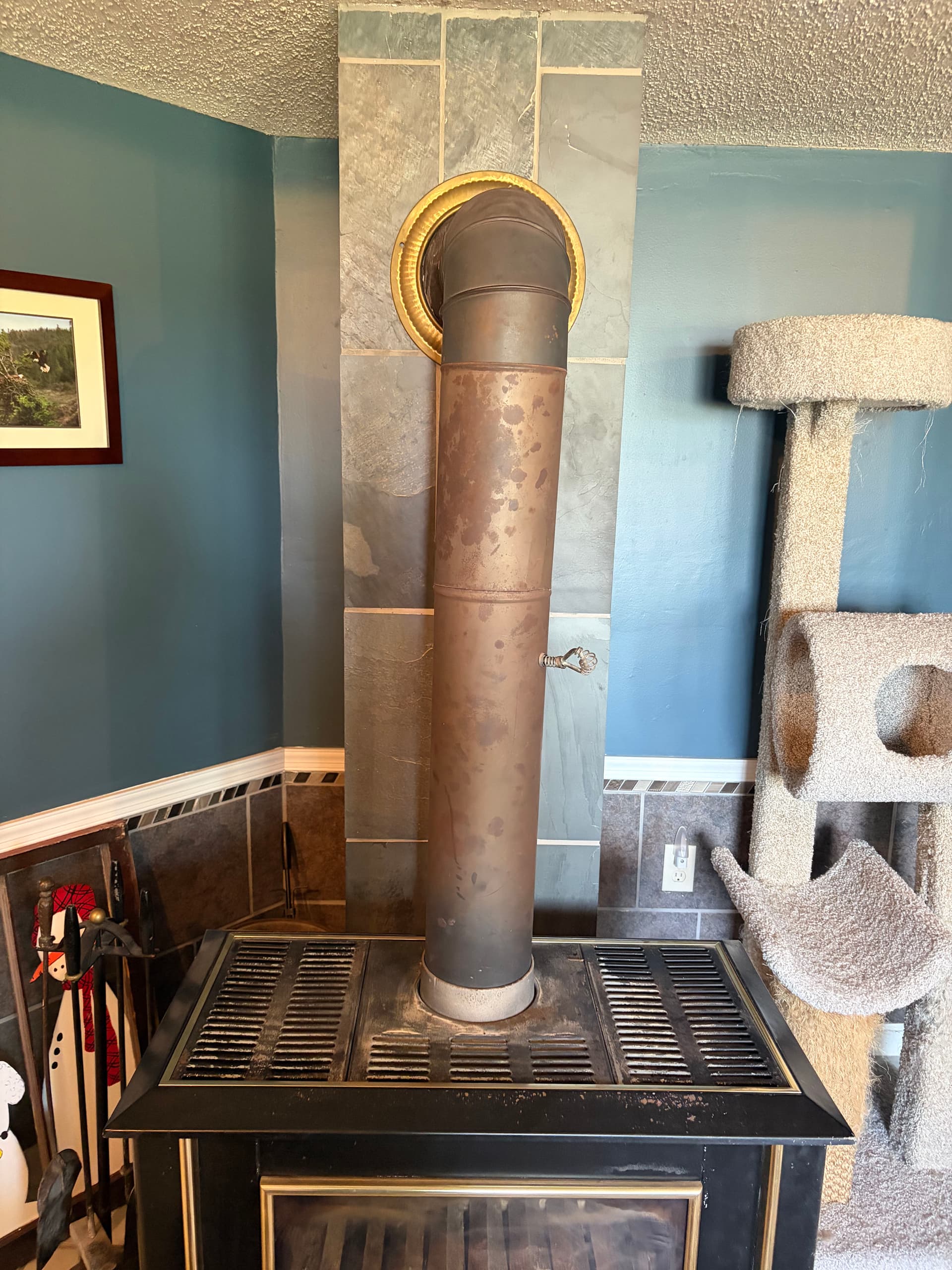 Wood Stove Chimney Relining with New Stove Pipe and Fresh Repaint image